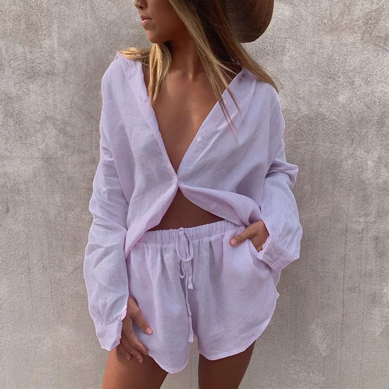 UForever21 Summer Casual Tracksuit Shorts Set Women Long Sleeve Shirt Tops And Mini Shorts Suit Woman Lounge Wear Two Piece Set Outfits