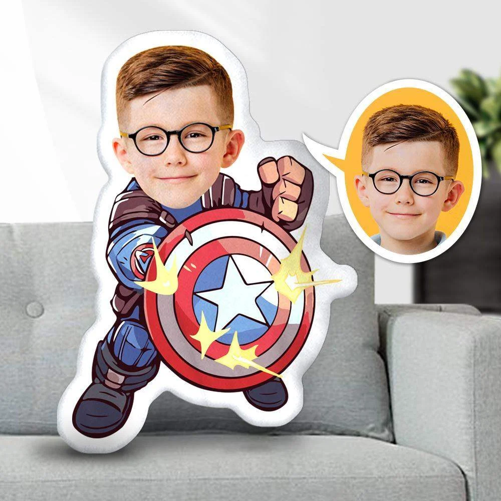 MiniMe Pillow Dolls Face Body Pillow, My Face Pillow, Custom Pillow, Personalized Photo Pillow Gift Pillow Toy, Superhero, Captain with Shield, Throw Pillow,  MiniMe Pillow Dolls and Toys