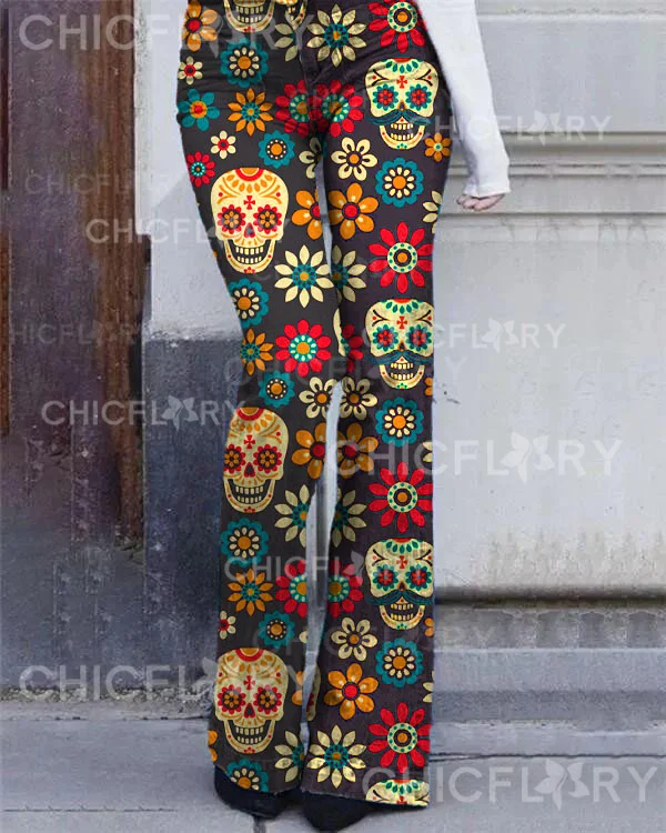 Skull Floral Print Jeans