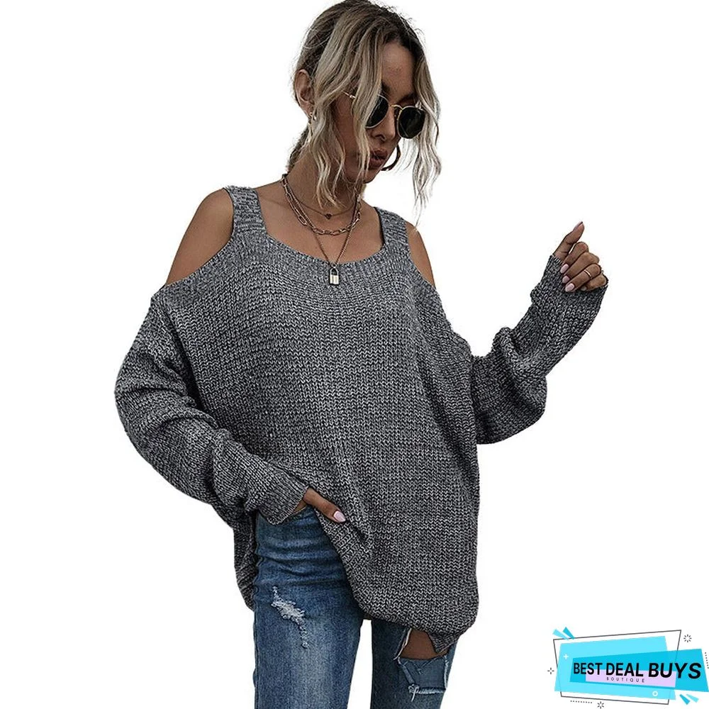 Solid Knit Square Neck Loose Off Shoulder Bottomed Sweater Women's Long Sleeve