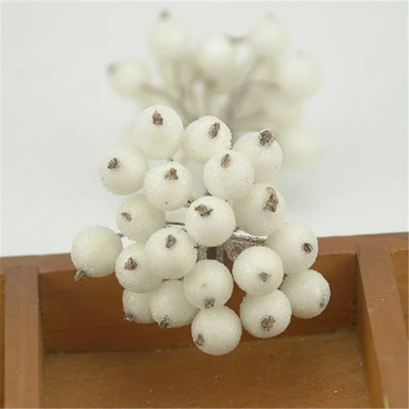 20pcs Mini Double Heads Artificial Glass Berries Pomegranate Red Cherry Bouquet Stamen Christmas Decorative DIY Craft Fake Fruit