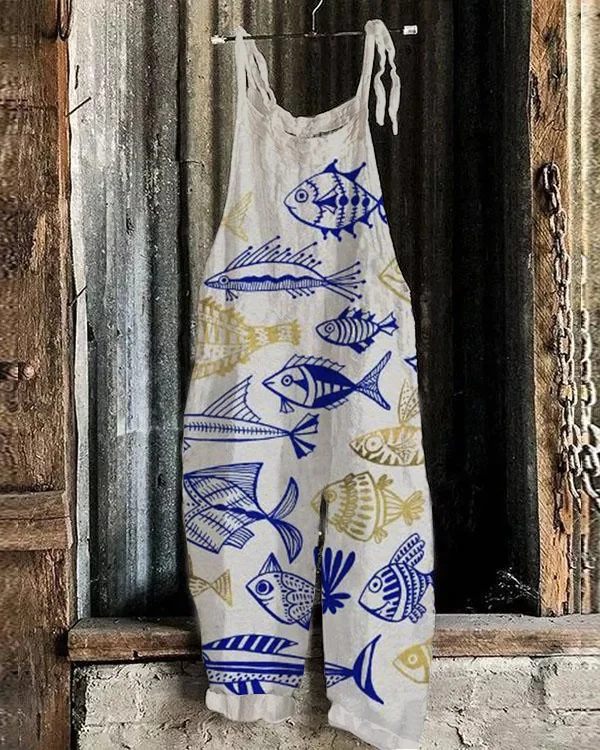 Retro Japanese Fish Art Print Loose Jumpsuit