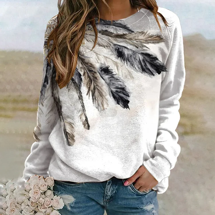 Feather Print Casual Long Sleeve Sweatshirt