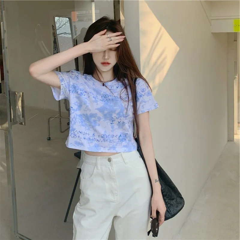 Brownm Brownm Celebrity Tie-Dye Short-Sleeved T-Shirt Women Loose Summer 2024 New Korean Version High Waist Crop Short Clothes Women