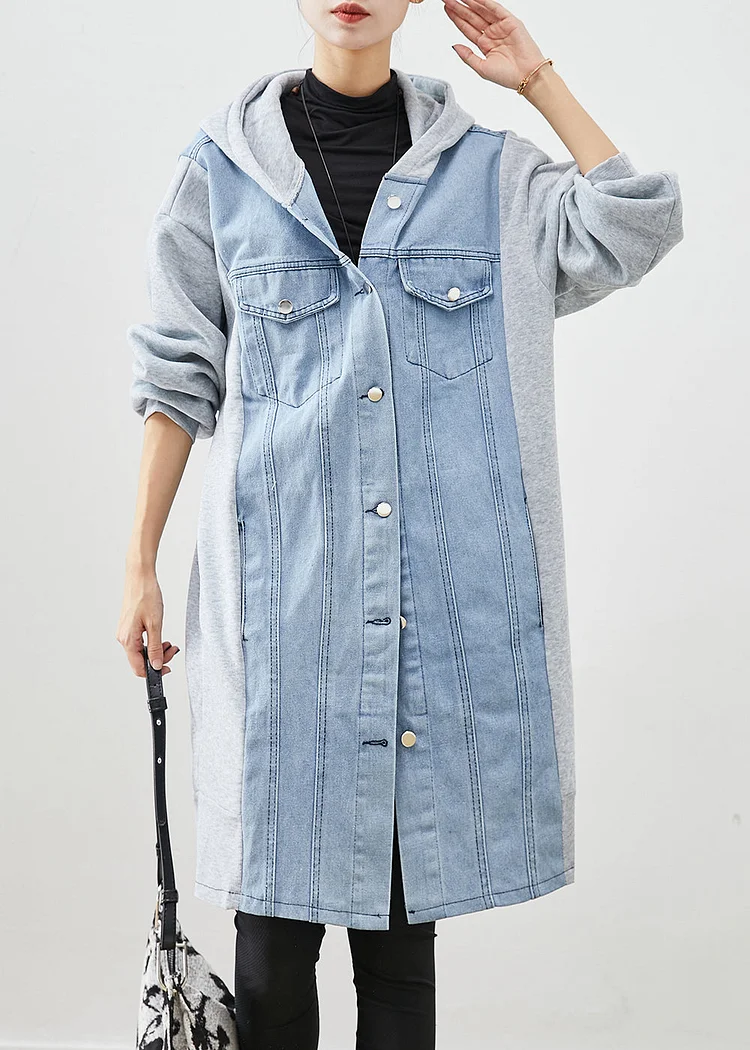 Boho Blue Hooded Denim Patchwork Cotton Trench Fall
