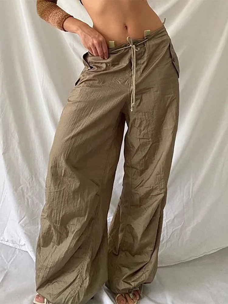 Jacuqeline 2022 Low Waist y2k Cargo Straight Pants Women Green Tie Up Baggy Skinny Trousers Retro Harajuku Street Sexy Sweatpant