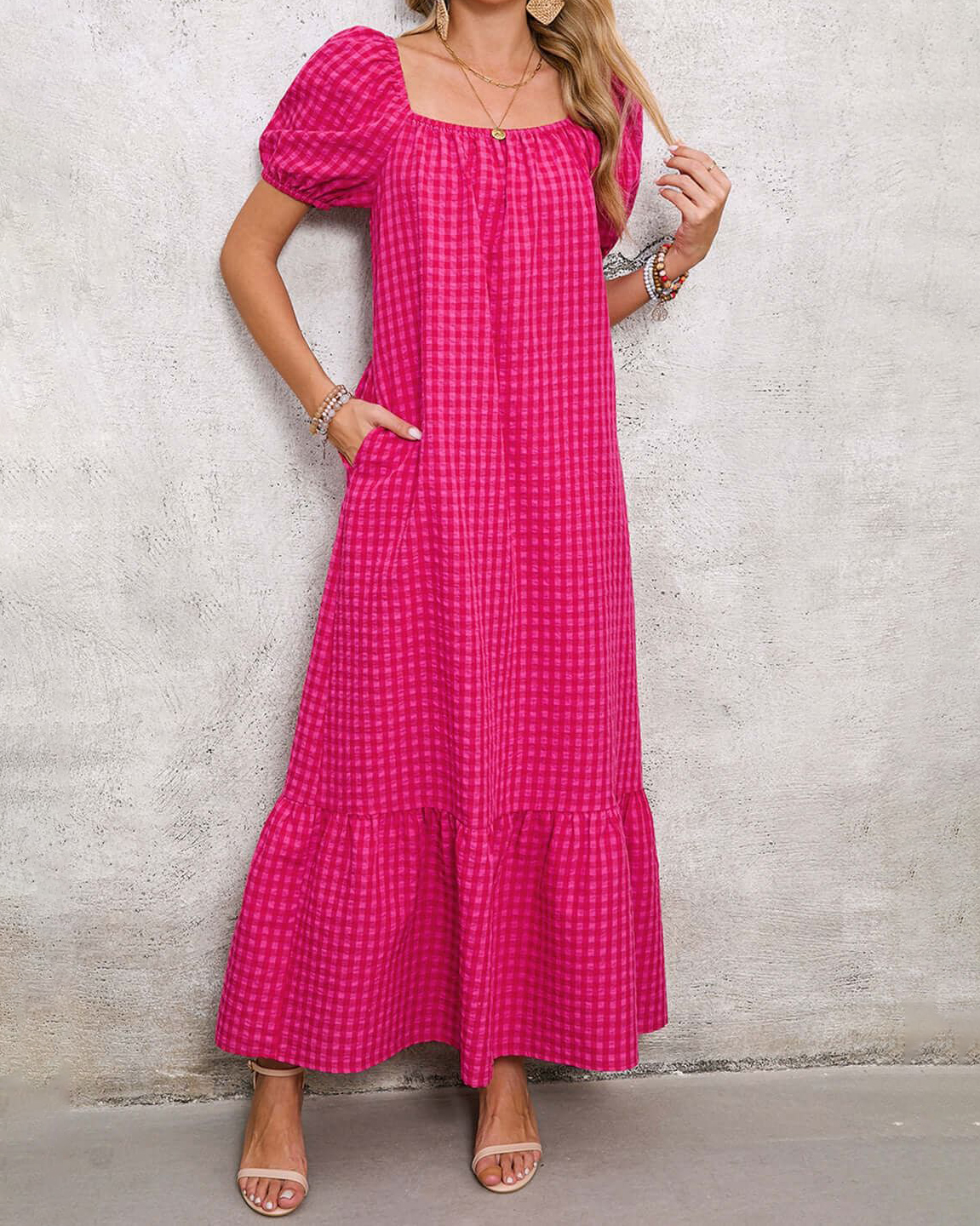 Gingham Square Neckline Puffed Short Sleeve Maxi Dress