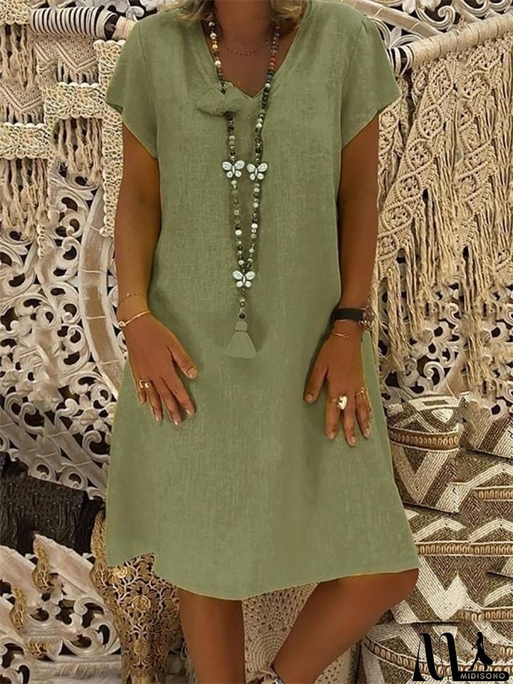 MidiSono - Women's Cozy Short Sleeve Midi Length Shift Dress