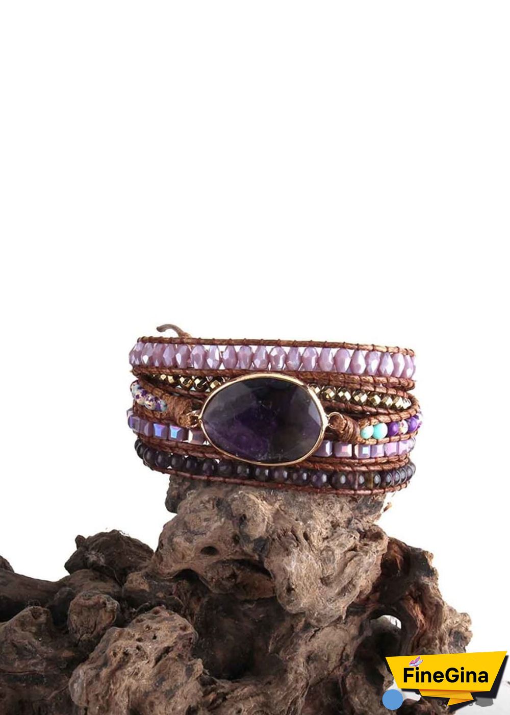 Boho Bracelet, RH 5 Layers Leather Wrap Bracelet, Natural Stones, Crystal Silver