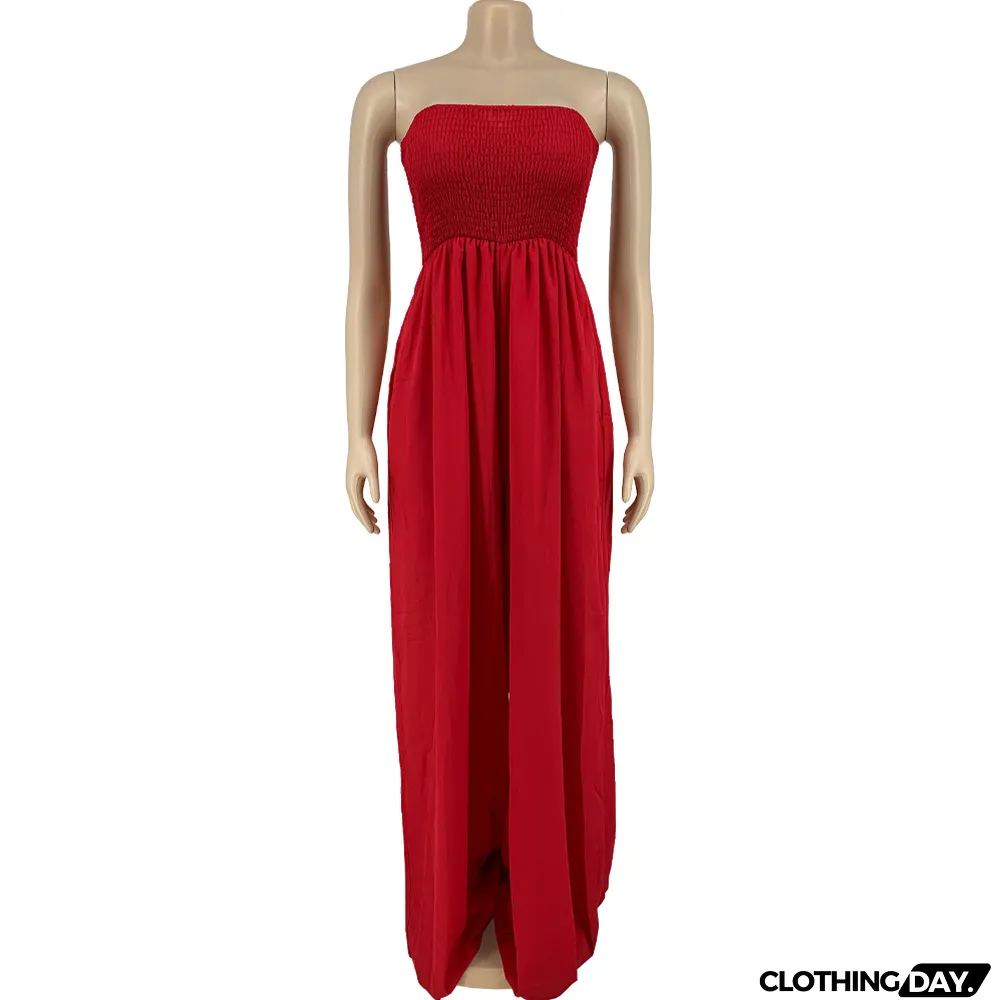 Plus Size Solid Off Shoulder Strapless Wide Leg Jumpsuit