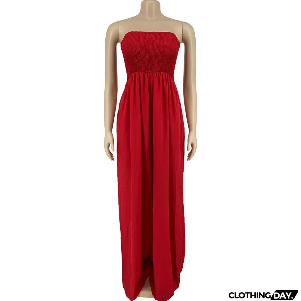 Plus Size Solid Off Shoulder Strapless Wide Leg Jumpsuit