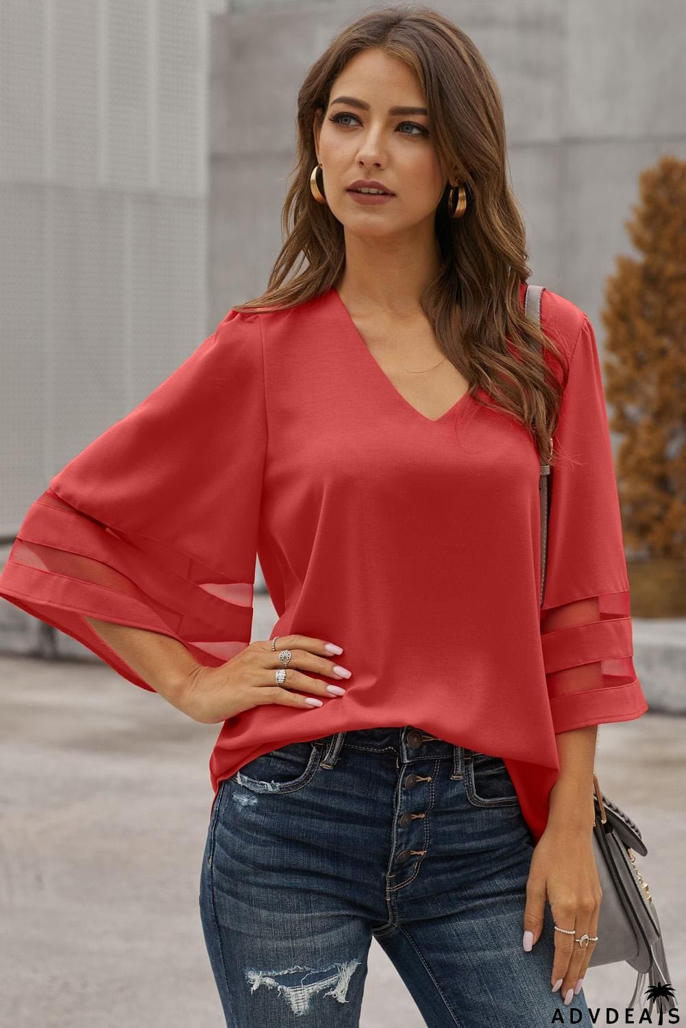Red Flare Sleeve V Neck Loose Women's Chiffon Blouse