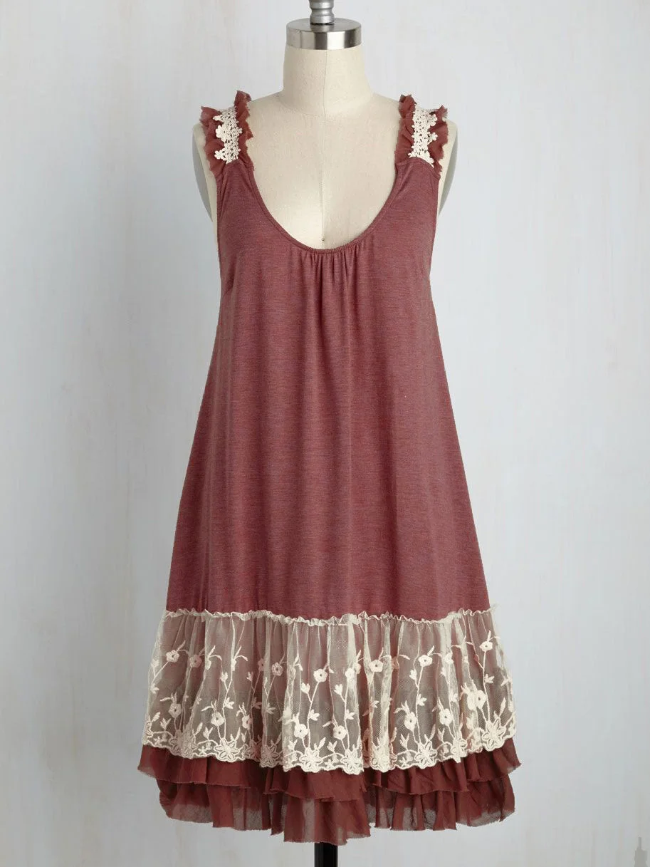 Women Sleeveless U-neck Lace Stitching Midi Dress