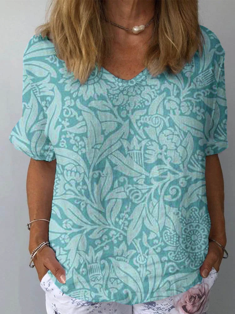 Women's Artistic Floral Pattern Cotton and Linen Short Sleeve Top