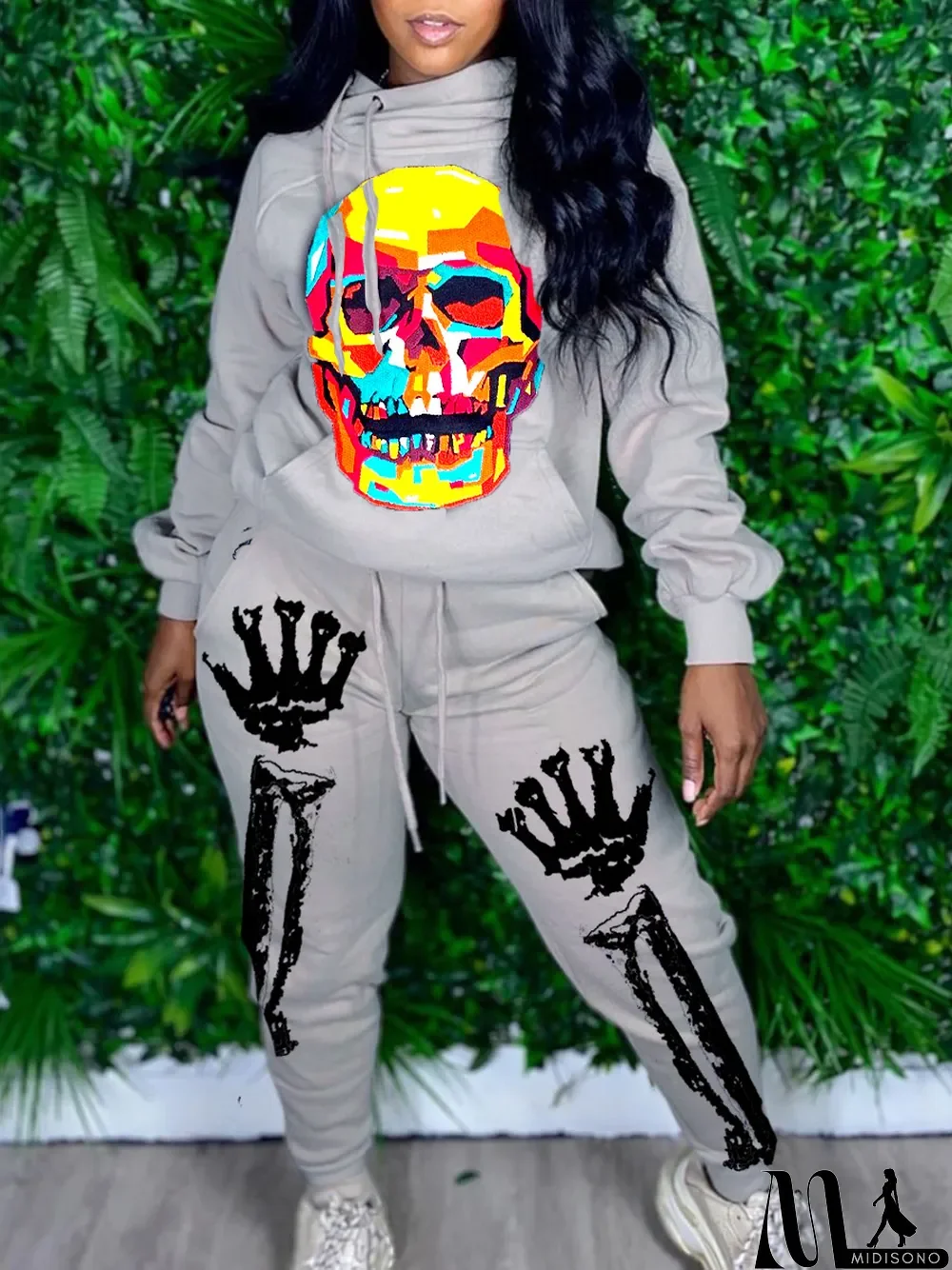 MidiSono - New Autumn Skull Halloween Thick Print Hat Long Suit