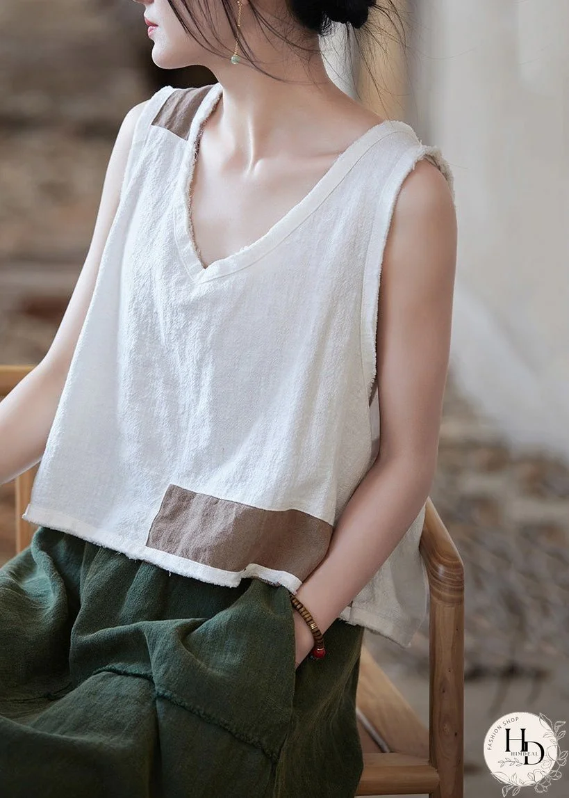 Women White V Neck Patchwork Linen Shirt Top Sleeveless