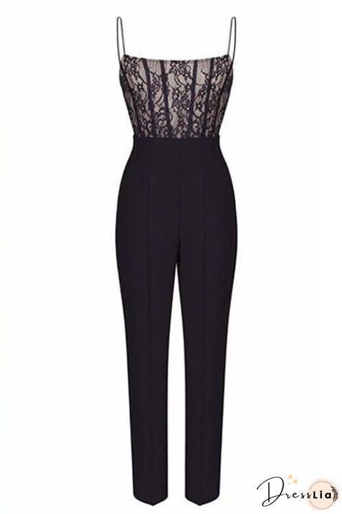 Meridress Solid Lace Splice Straight Leg Cami Jumpsuit