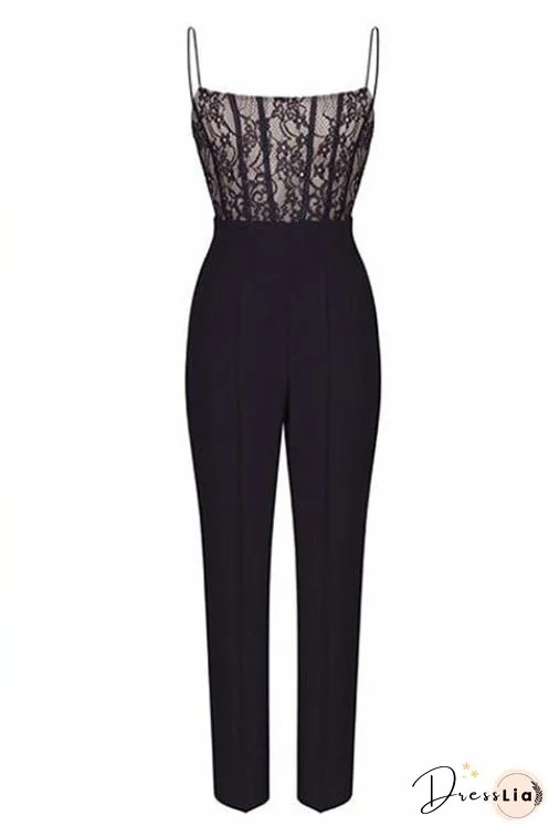 Meridress Solid Lace Splice Straight Leg Cami Jumpsuit