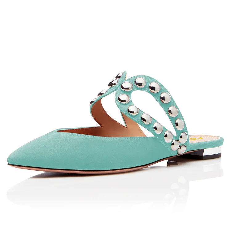 Turquoise Vegan Suede Pointy Toe Studs Mules |FSJ Shoes