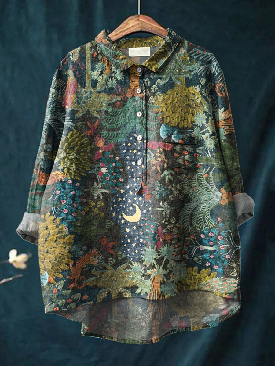 Vintage Ethnic Floral Animals Art Print Casual Cotton And Linen Shirt