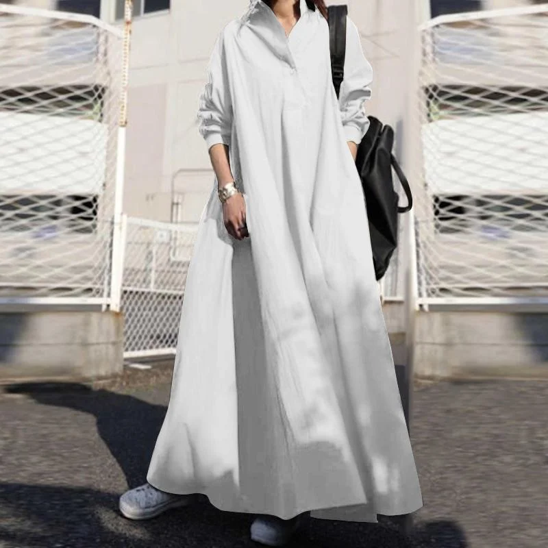 ZANZEA Autumn Stylish Women Vintage Long Sleeve Loose Sundress 2022 Casual Long Maxi Dress Kaftan Femme Solid Party Vestido Robe