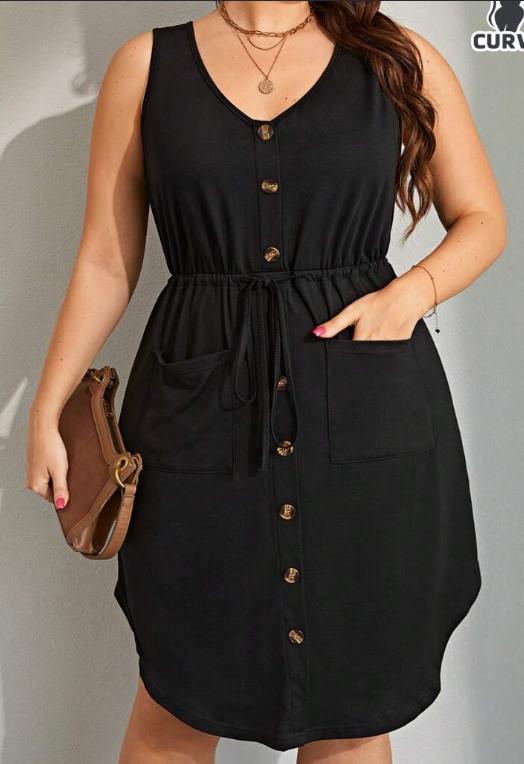 Mature Women Plus Size Patch Pockets Drawstring Waist Front Buttoned Sleeveless Casual Summer Dress