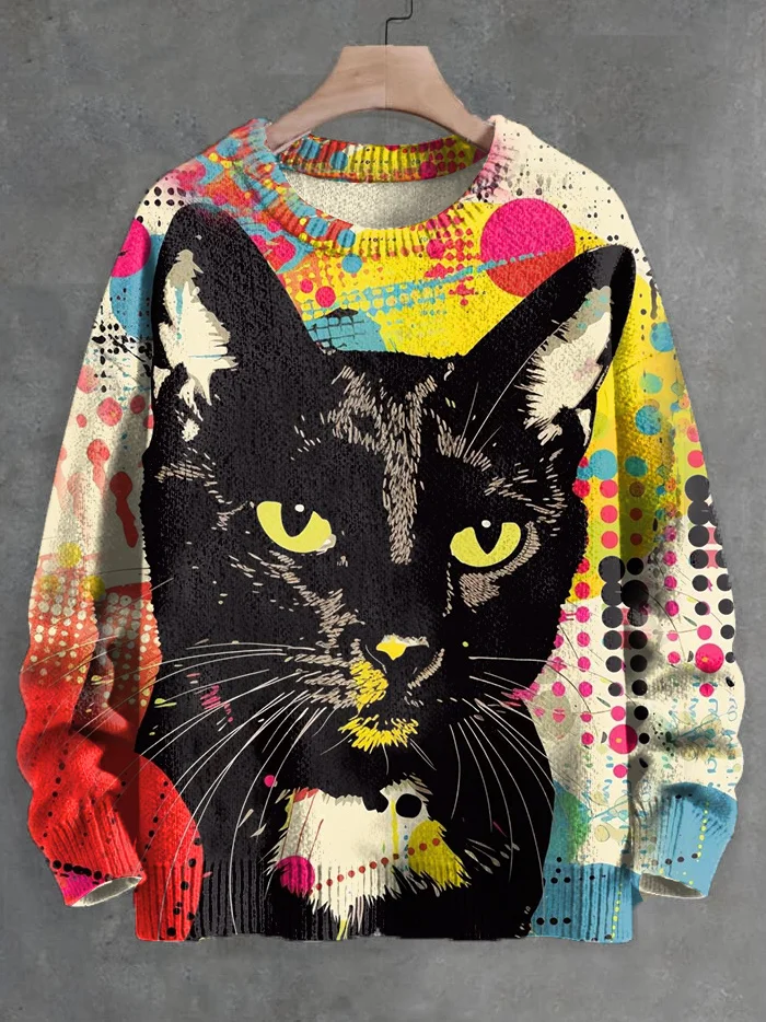 Men's Black Cat Dots Color Block Art Print Knit Sweatshirt