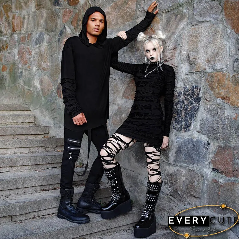 New Gothic Black Mini Dress Streetwear Rock Punk Hollow Retro High Waist Long Sleeve