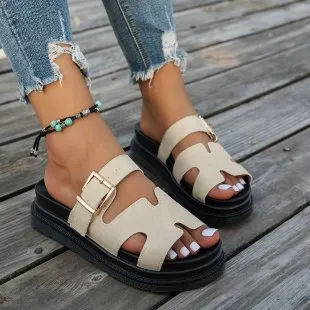 Breakj Breakj New Large-Size Slippers Women Thick-Bottomed A Buckle Solid Color Casual Cold Slippers Women