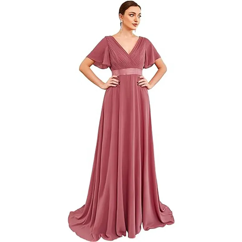 Uveng Uveng Sales Of Large Swing V-Neck Dress Chiffon Elastic Banquet Festival Annual Bridesmaid Performance Evening Dress Woman
