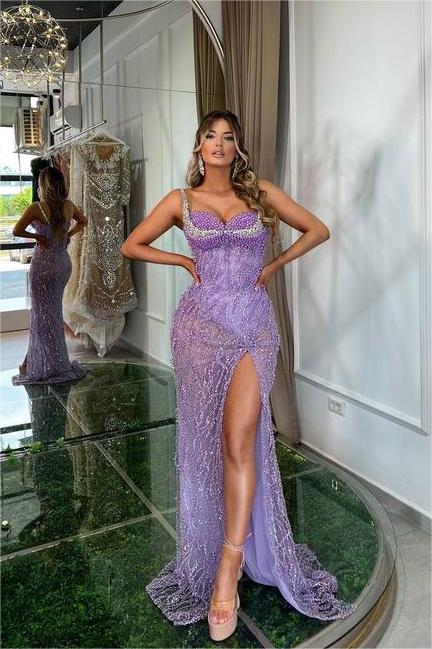 Oknass Glamorous Purple Sleeveless Spaghetti Strap Split Prom Dress with Beadings