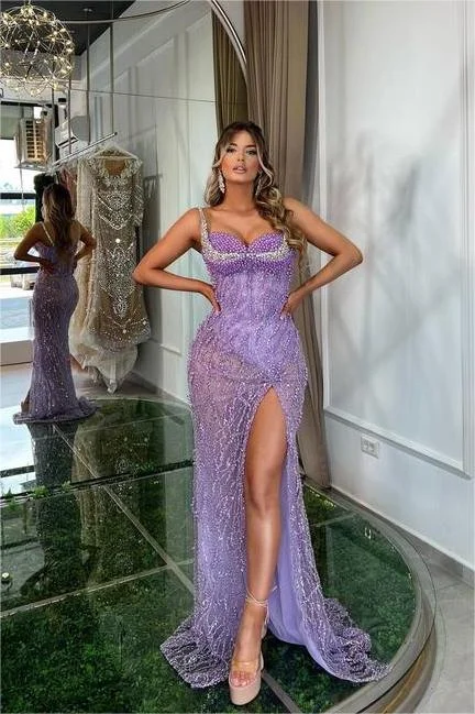 Hellodresses Glamorous Purple Sleeveless Spaghetti Strap Split Prom Dress with Beadings
