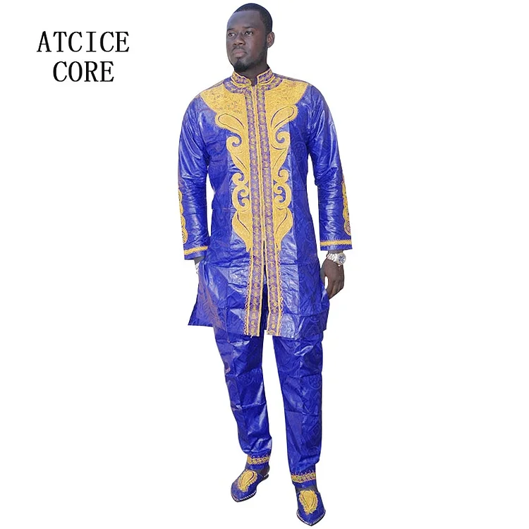 African Man Fashion Bazin Riche Embroidery Design Long Top With Pants Without Shoes QueenFunky