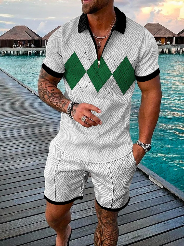 Men's Casual Printed Zip Polo Shirt and Shorts Two-Piece Suits