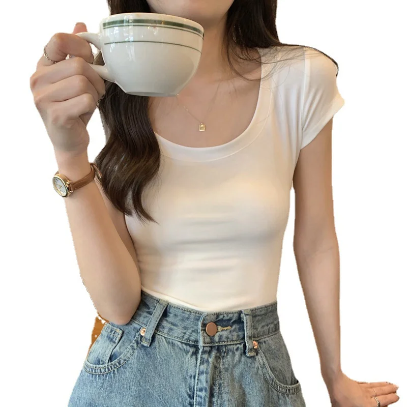 Brownm Brownm Color Casual Versatile Short-Sleeved T-Shirt Women With A Bottom Shirt 2024 Summer Slim U-Collar Student Jacket Ins Tide