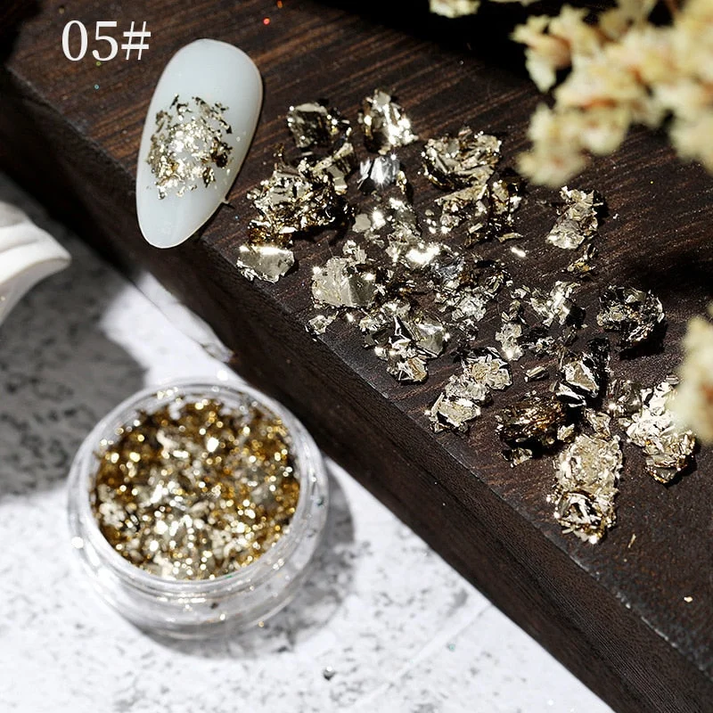 6 Grids Sparkly Foil Nails Sequins Irregular Aluminum Gold Red Summer Design Set  Mirror Chrome Glitter Flakes Gel DIY Manicure-Nail Inspo