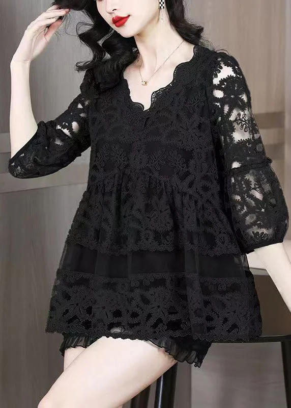 Modern Black Embroideried Patchwork Tulle A Line Tops Bracelet Sleeve