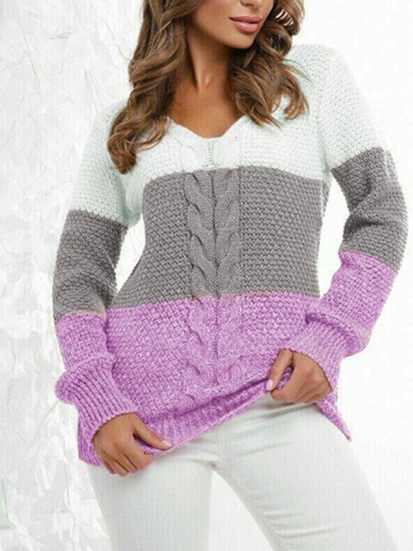 Women's Knitted Long Sleeve V-neck Sweater Top
