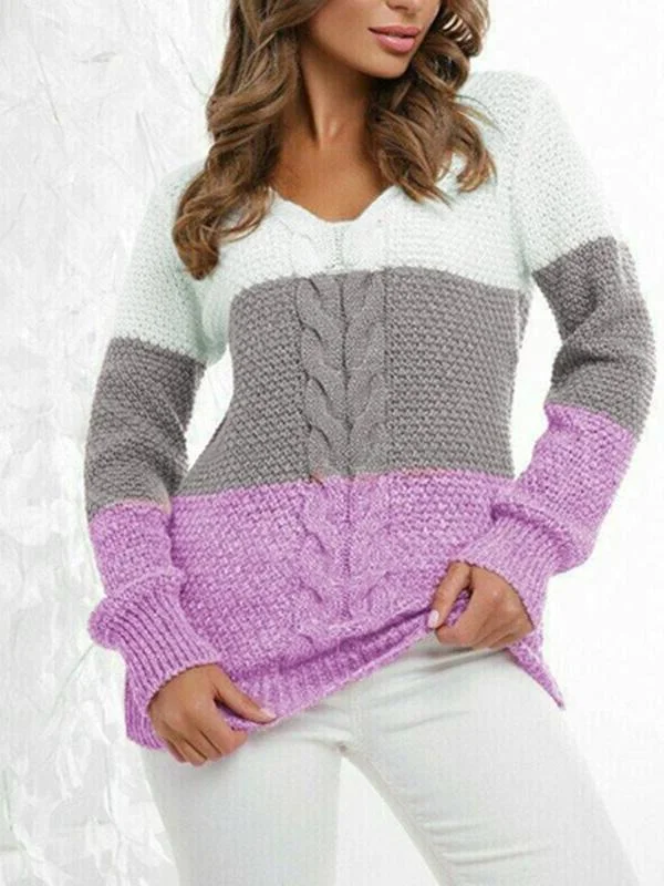 Women's Knitted Long Sleeve V-neck Sweater Top