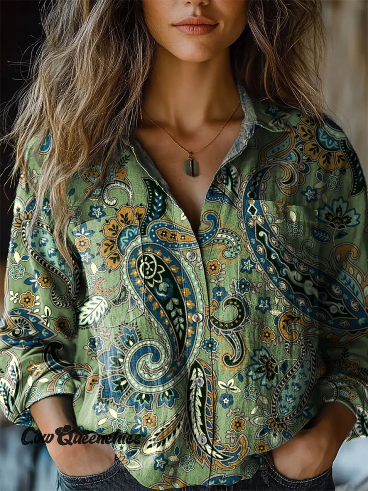 Women’s Paisley Pattern Art Print Casual Long Sleeve Comfortable Cotton Shirt Multicolor / S
