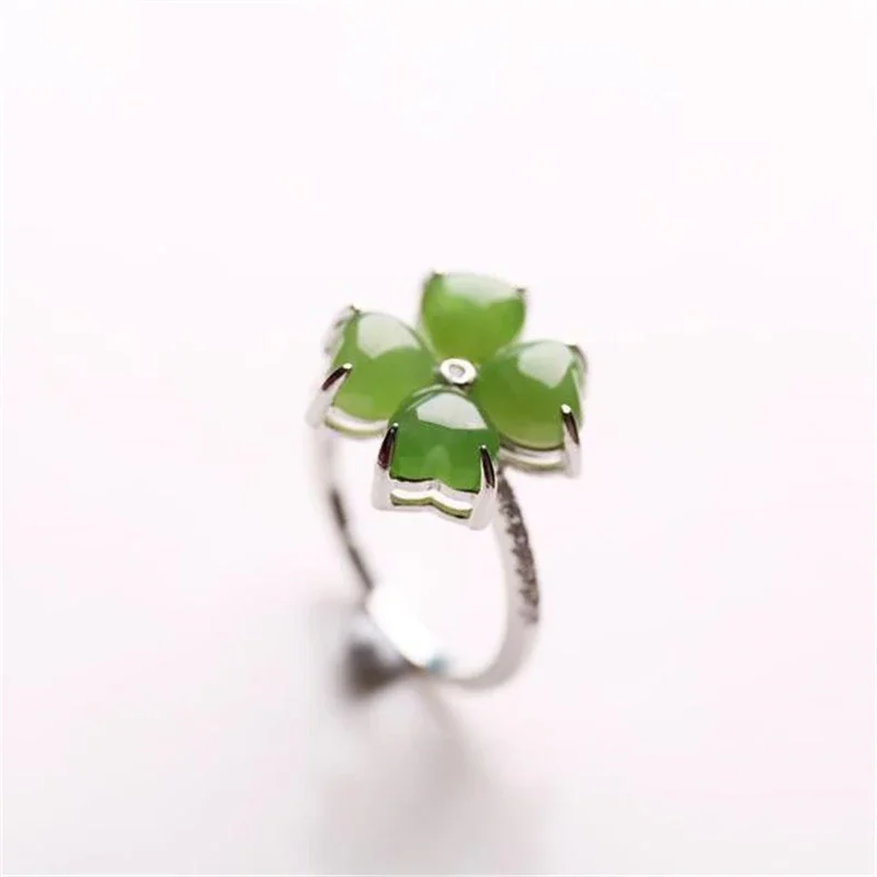Natural Hetian Jade Ring for Women - 925 Silver Inlaid Spinach Green Jadeite Four-Leaf Clover Ring - Adjustable Open Design - Elegant and Timeless Jewelry Piece
