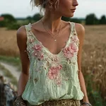 Bohemian Retro Pink Floral Pattern Women's Sleeveless Thin Shoulder Strap Vest - Image 7