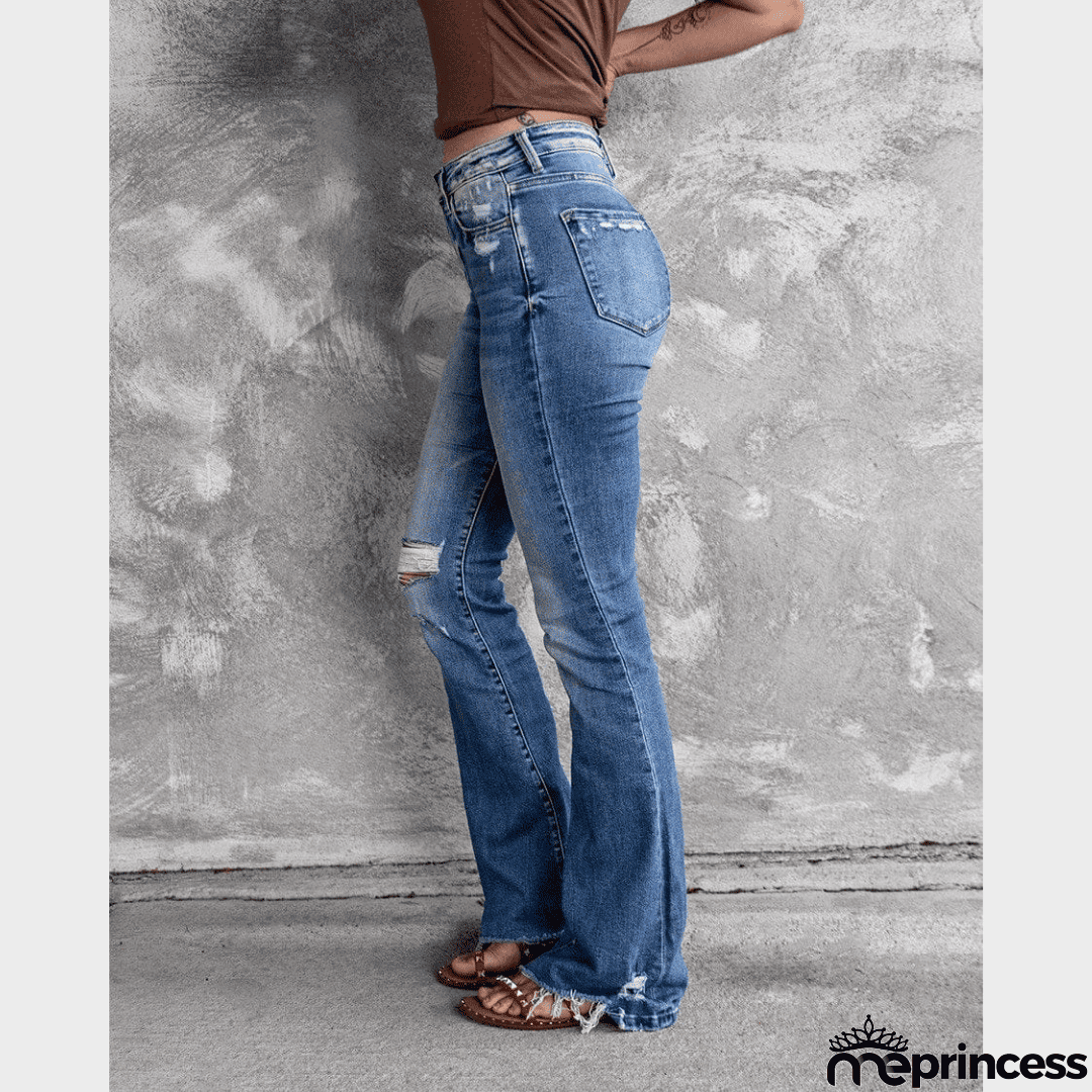 High Waist Ripped Flare Leg Denim Jeans