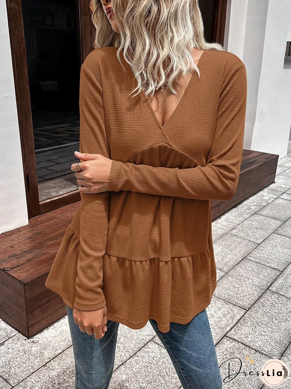 Waffle-Knit V-Neck Long Sleeve Blouse