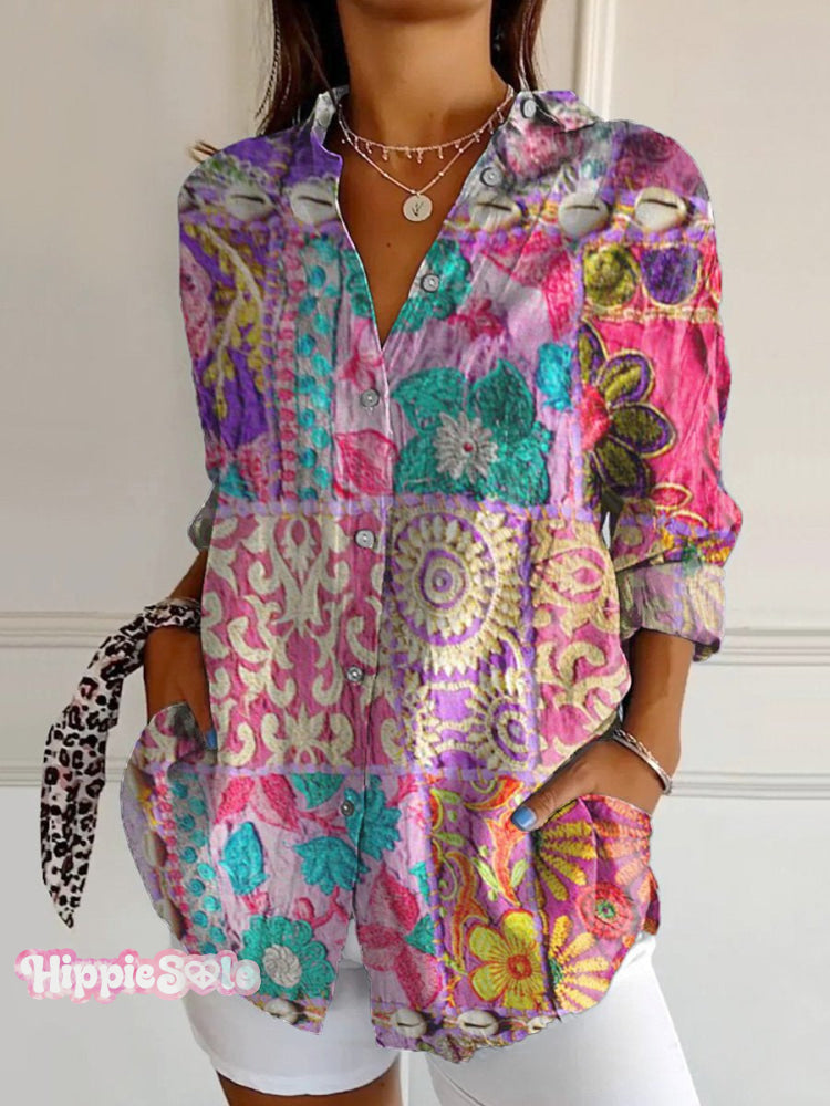 Women’s Retro Fantasy Tribal Style Patchwork Print Casual Cotton Shirt Multicolor / S