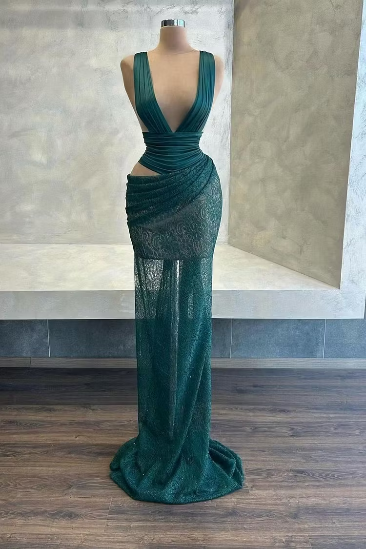 Lussooy Chic Dark Green V Neck Lace Sequins Pleated Sleeveless Long Prom Dress 