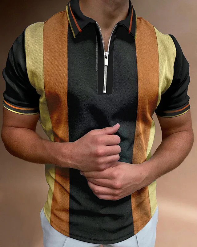 Silk texture striped stitching polo shirt