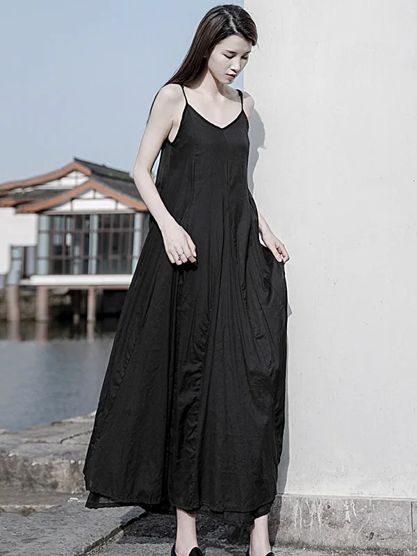 Original Solid Color Split-Joint Spaghetti-Neck Tiered Loose Maxi Dress