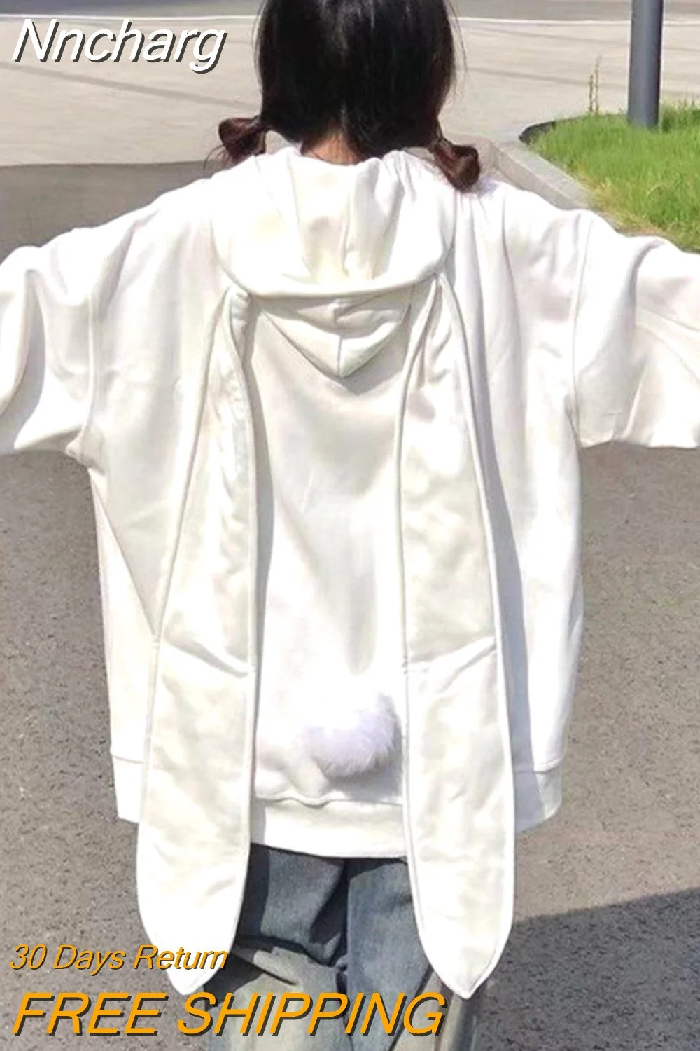 Nncharge Ear Rabbit Kawaii Sweet White Mid Length Sweatshirts Coats Women Y2k Harajuku Black Crop Tops Japan Style Sudadera Hooded