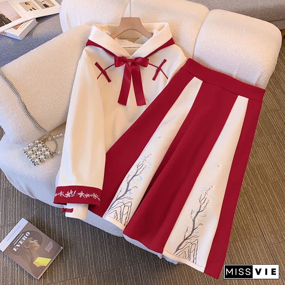 Vintage Embroidery Buckle Bowknot Hoodie Colorblock Skirt